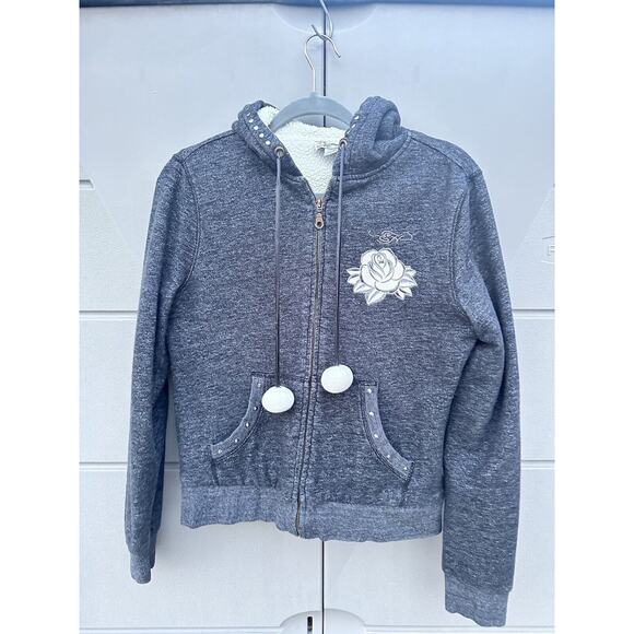 Y2K Vintage Women’s Ed Hardy Sherpa Lined Pom Pom String Studded Hoodie Sz S - Picture 4 of 15